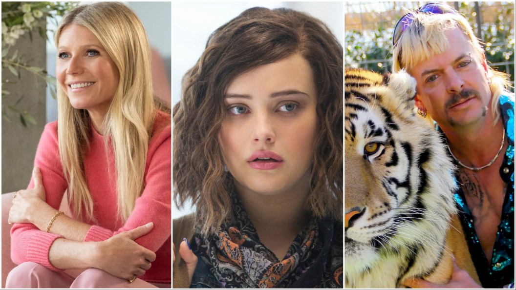 Collage of Netflix's most controversial TV shows The Goop Lab, 13 Reasons Why, and Tiger King