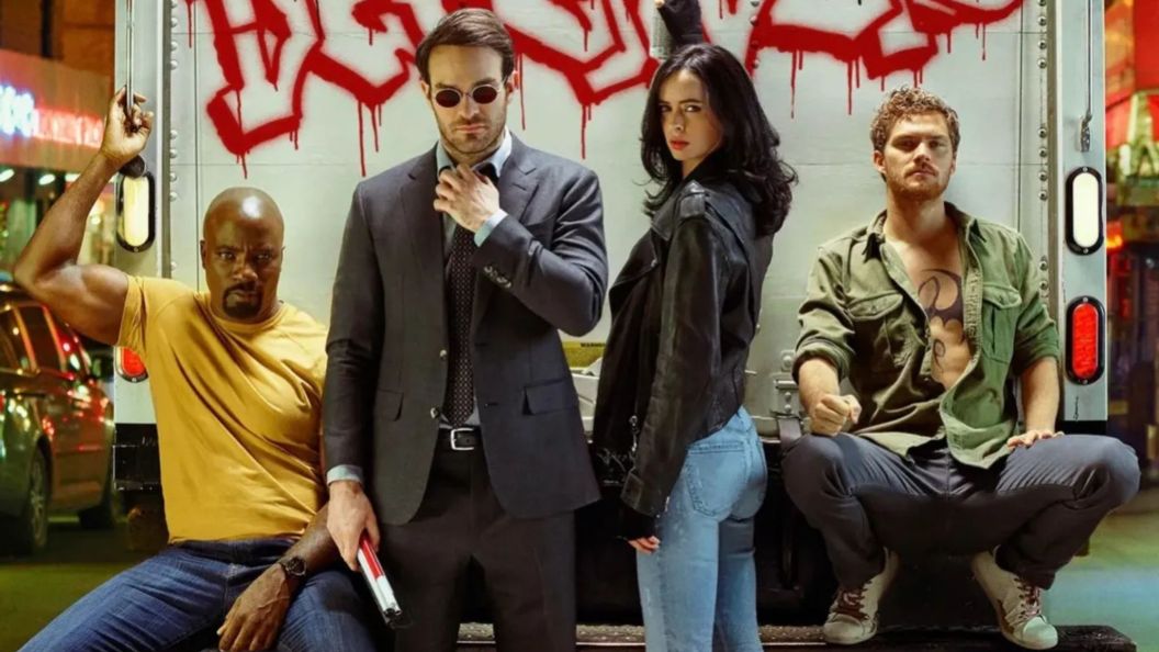 Mike Colter as Luke Cage, Charlie Cox as Daredevil, Krysten Ritter as Jessica Jones, and Finn Jones as Iron Fist in Marvel Netflix's The Defenders