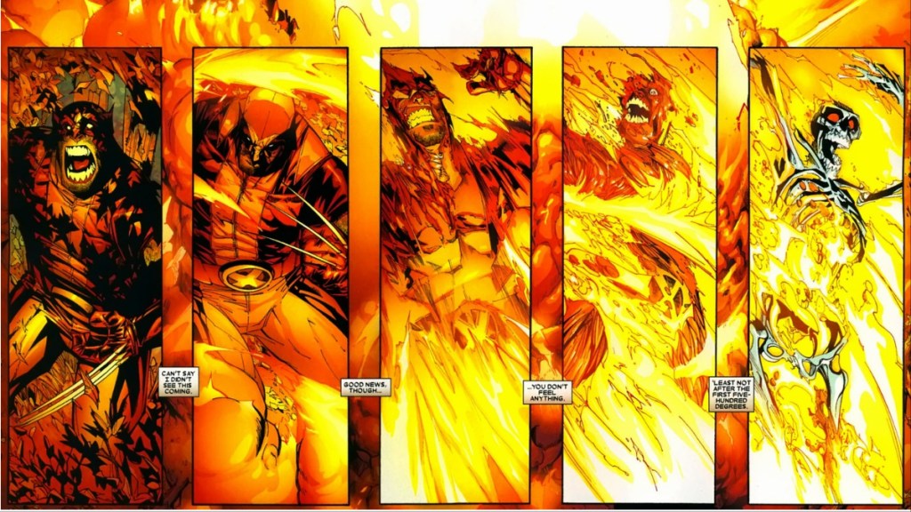 Wolverine having his flesh burned away by Nitro in Wolverine's Civil War tie-ins