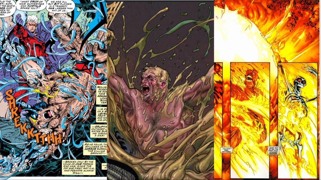 A split image of Wolverine getting his adamantium pulled out, Old Man Logan tearing through the Hulk, and Wolverine flesh being burned away