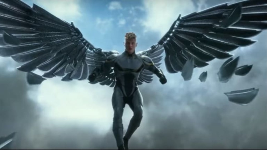 Archangel shooting his wing flechettes from X-Men: Apocalypse