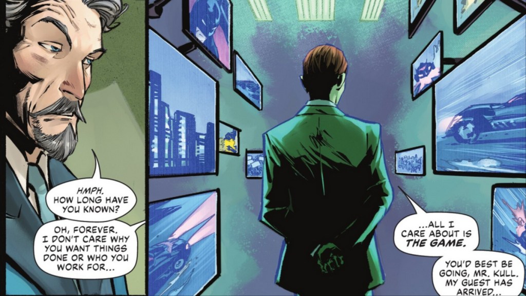 Riddler speaking to Leonid Kull about the truth behind the Court of Owls in Batman #156