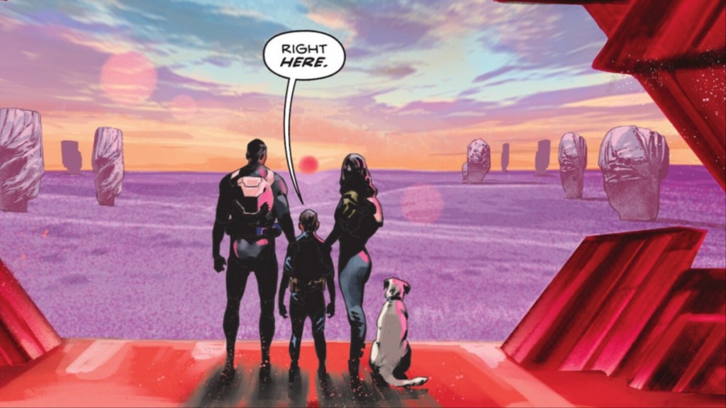 Kal, Jor, and Lara El with Krypto look out over Krypton's landscape in Absolute Supeman #3