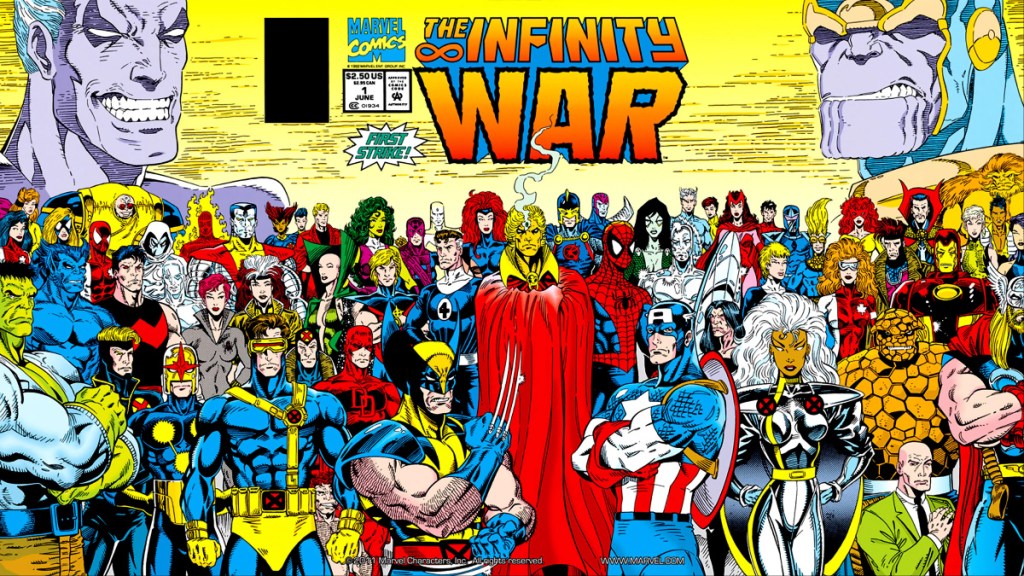 The heroes of the Marvel Universe gathered by Adam Warlock, with the specters of the Magus and Thanos floating over head from Infinity War #1