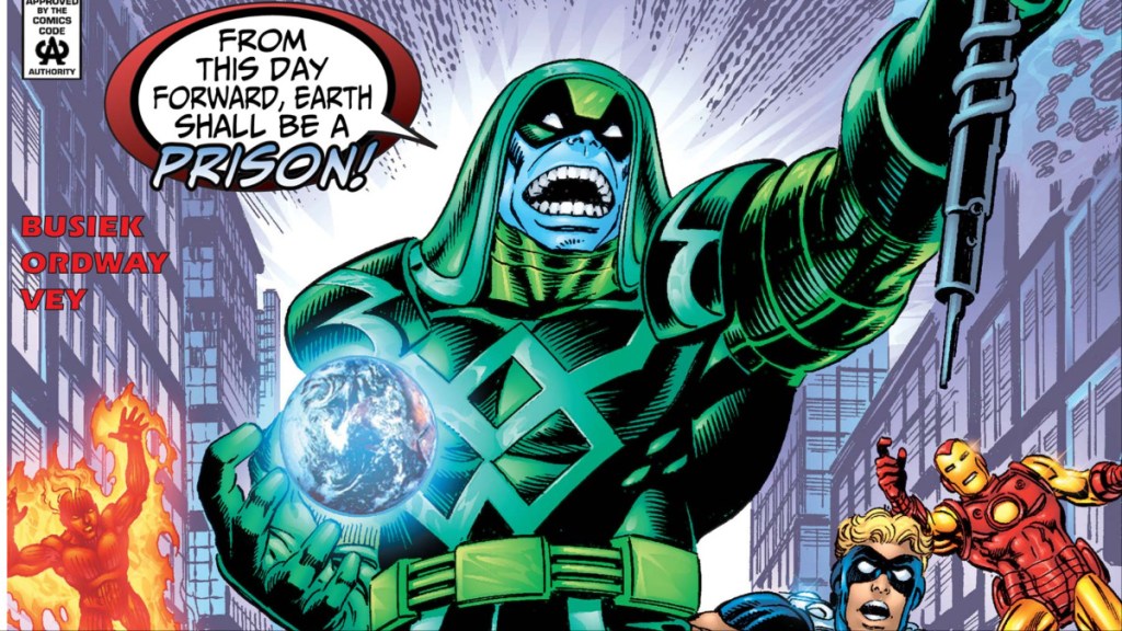 Ronan the Accuser screaming about turning the Earth into a prison surrounded by Marvel's heroes from Maximum Security #1