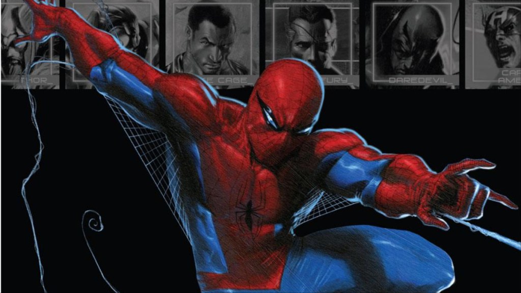 Spider-Man swinging in front of pictures of other heroes from Secret War #1