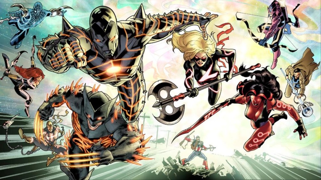 The mighty - Wolverine, Iron Man, Ms. Marvel, Red She-Hulk, Spider-Man, Iron Fist, Black Widow, and Doctor Strange - springing into action with Captain America in Fear Itself