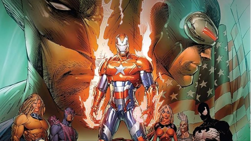 The Dark Avengers - Iron Patriot, the entry, Hawkeye, Ms. Marvel, Ares, and Venom - standing together, with the faces of Wolverine and Cyclops above them from Dark Avengers/X-Men: Utopia