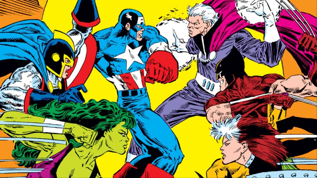 Captain America, Black Knight, and She-Hulk clash with Magneto, Wolverine, and Rogue on the cover of X-Men Vs. Avengers #1