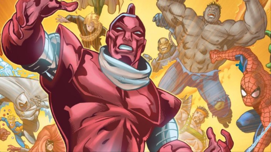 The High Evolutionary surrouded by the Marvel's heroes from the Evolutionary War