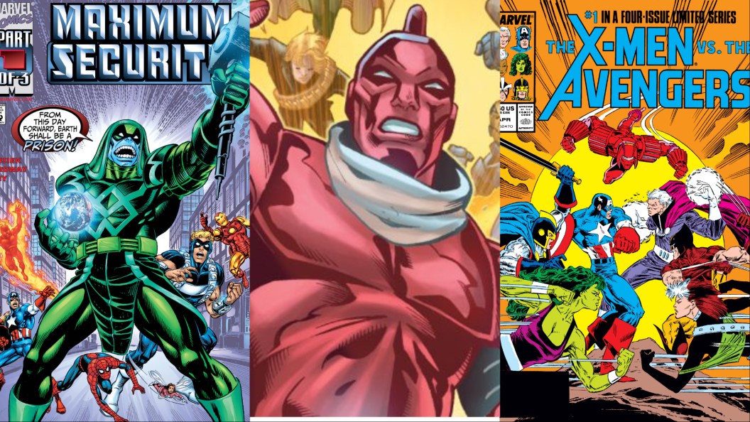 A split image of Maximum Security, The Evolutionary War, and X-Men Vs Avengers