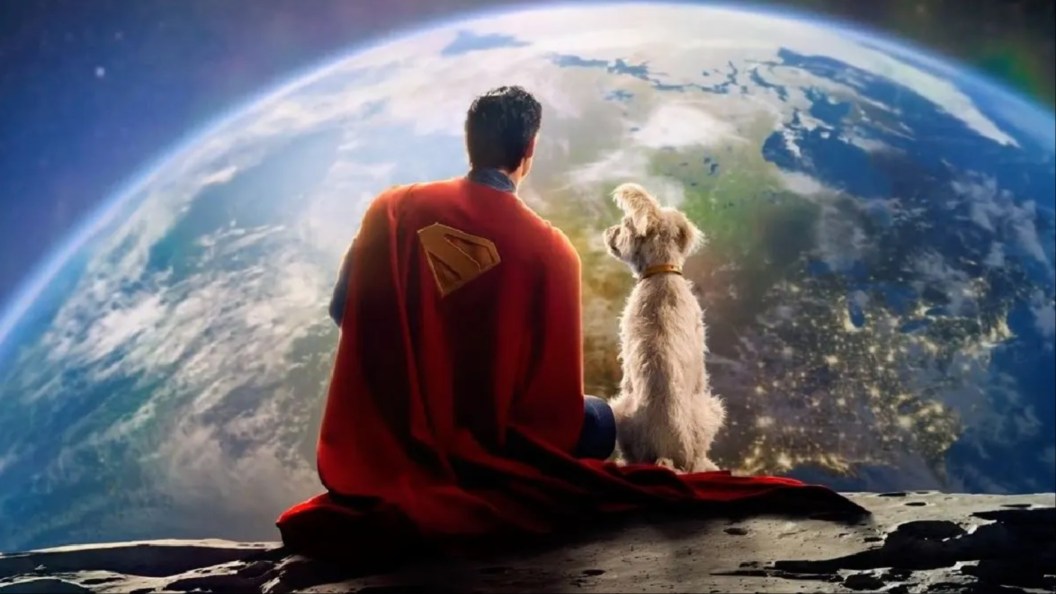 Superman and Krypto sitting on the moon looking down at the Earth