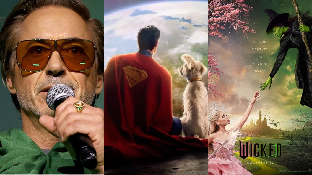 A split image of RDJ from Comic-Con, Superman and Krypto on the moon, and the poster of Wicked