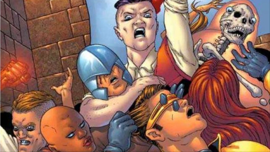 Quentin Quire and his Omega Gang attack Cyclops, Jean Grey, and Professor Xavier in Riot at Xavier's