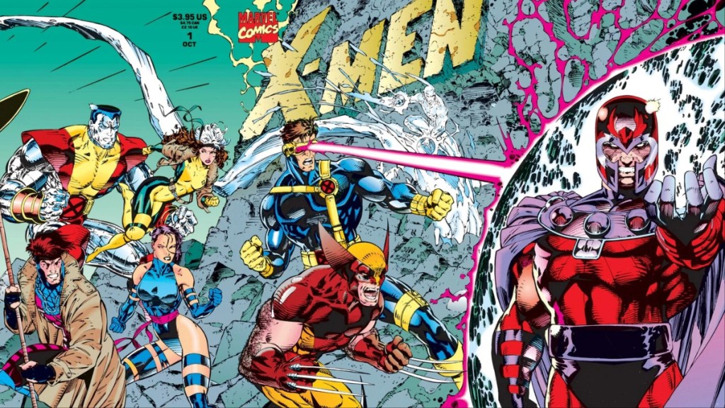 Colossus, Psylocke, Rogue, Cyclops, and Wolverine going after Magneto on the cover of X-Men #1