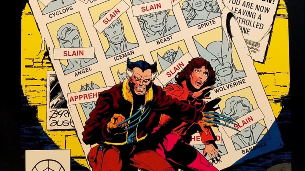 Wolverine and Kate Pryde in spotlight in front of wanted posters of the X-Men from Days of Future Past