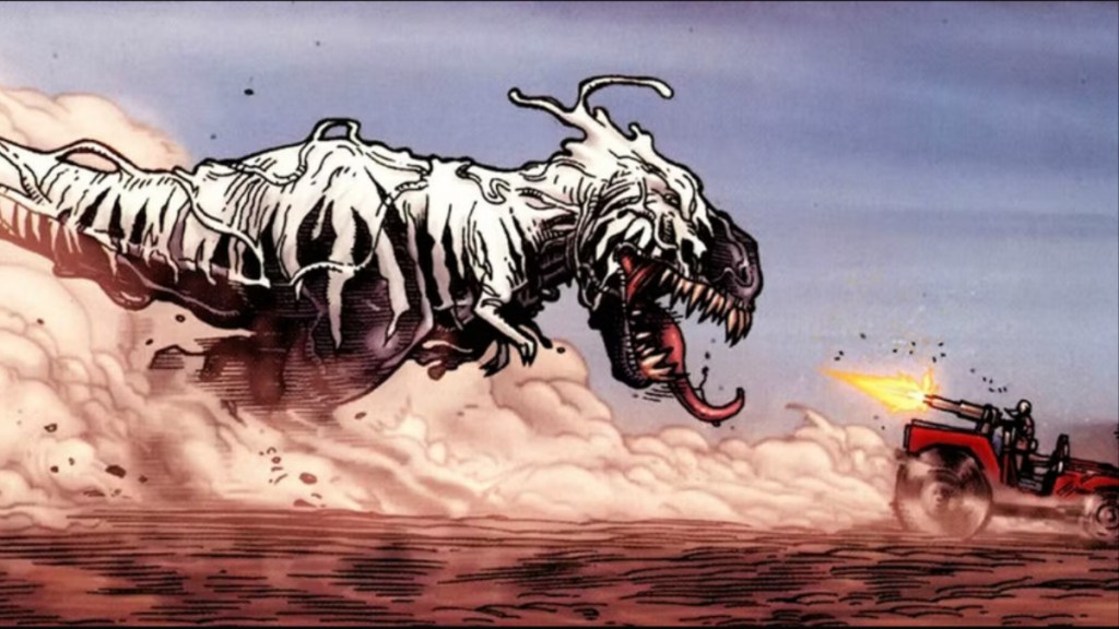 A Venom possessed tyrannosaur chasing Old Man Logan and Hawkeye