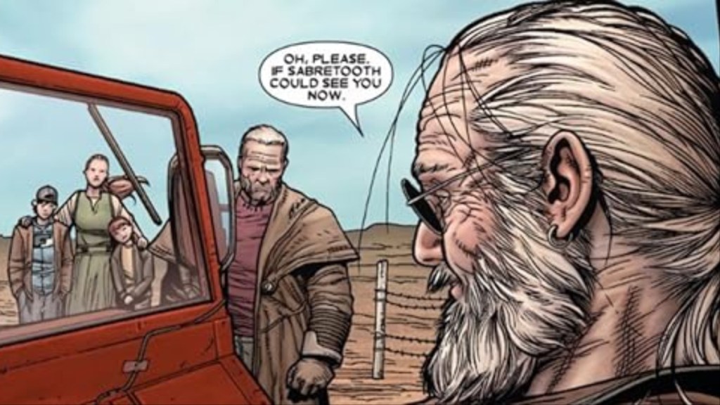 Old Man Logan leaving his family with Hawkeye from Old Man Logan