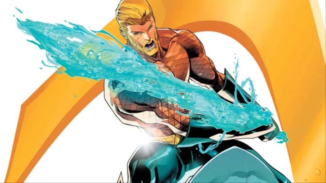 Aquaman swinging a water sword from the cover of Aquaman #1