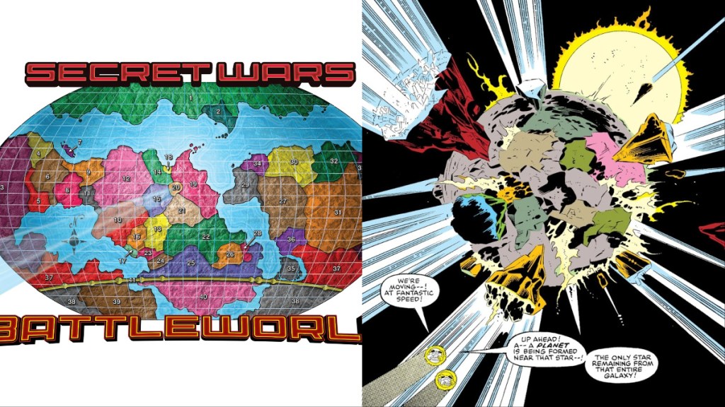 A split image of Battleworld from Secret Wars 2015 and the creation of Battle world from Secret Wars 1984