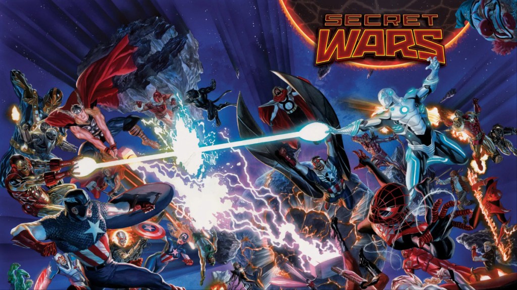 The cover to Secret Wars 2015 #1, featuring multiversal Marvel heroes in battle