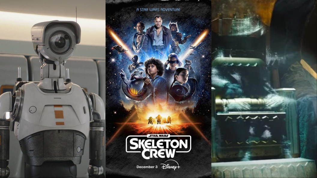 A split image of an At-Attin safety droid, the poster to Star Wars: Skeleton Crew, and a hologram of Tak Rennod