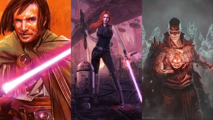A split image of Kyp Durron, Mara Jade, and Darth Bane