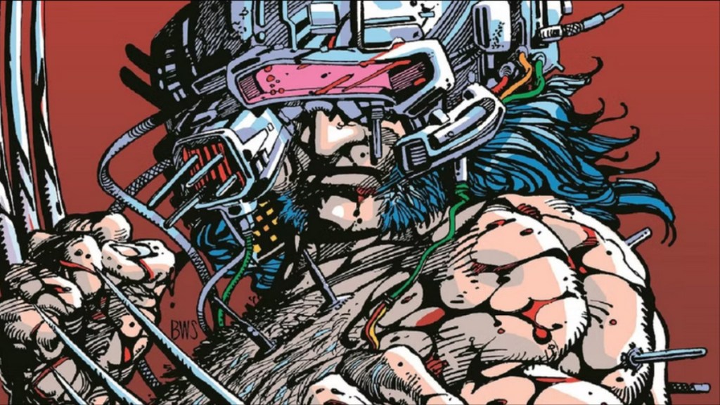 A bloody Wolverine wearing a high-tech helmet 