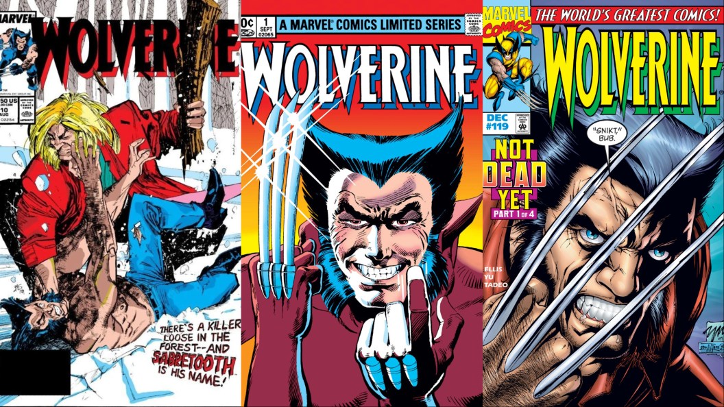 A split image of Wolverine (Vol. 2) #10, Wolverine (Vol. 1) #1, and Wolverine 9Vol. 2) #119