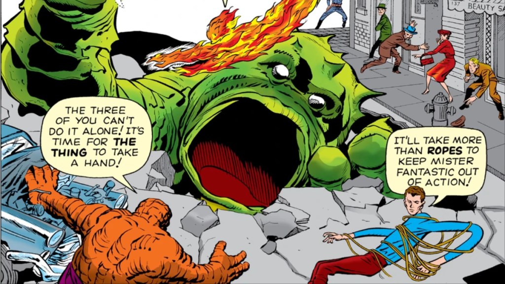 Les Quatre Fantastiques combattant un monstre sur la couverture de Fantastic Four (Vol. 1) #1