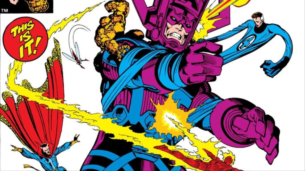 Galactus under attack by Mister Fantastic, the Thing, Human Torch, and Doctor Strange on the cover of Fantastic Four (Vol. 1) #243