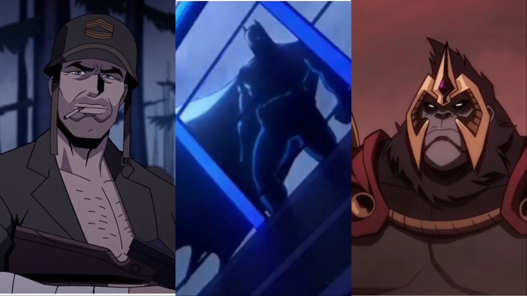 A split image of Sgt. Rock, Batman, and Gorilla Grodd from Creature Commandos