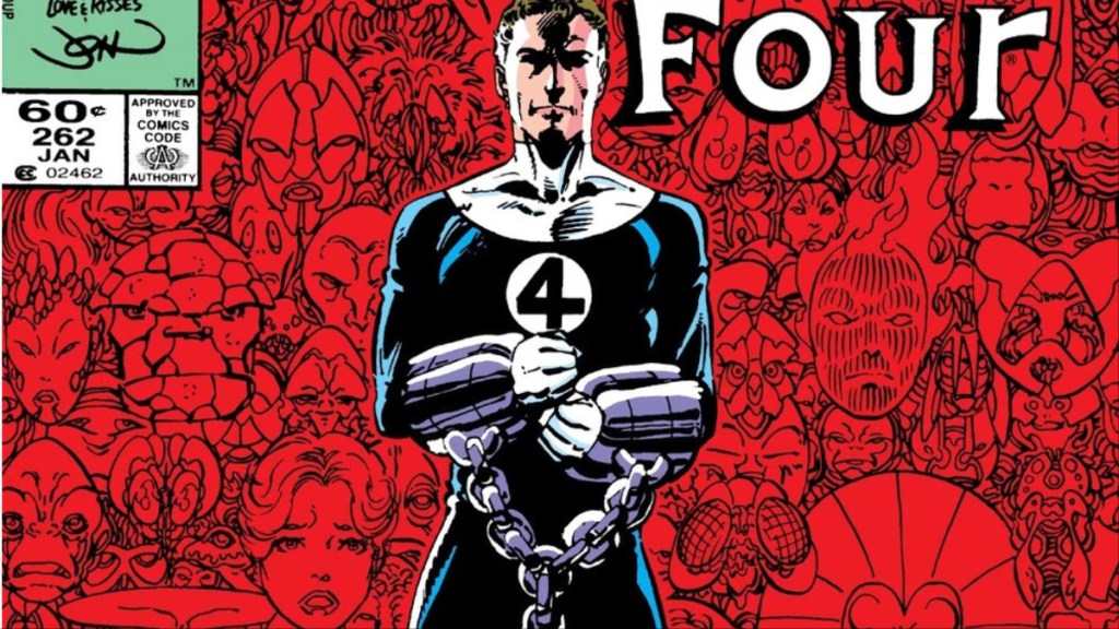 Mister Fantastic in chains in front of many different Marvel aliens from Fantastic Four (Vol. 1) #262