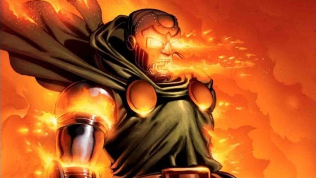 Doctor Doom surrounded by fire from the Fantastic Four story Unthinkable