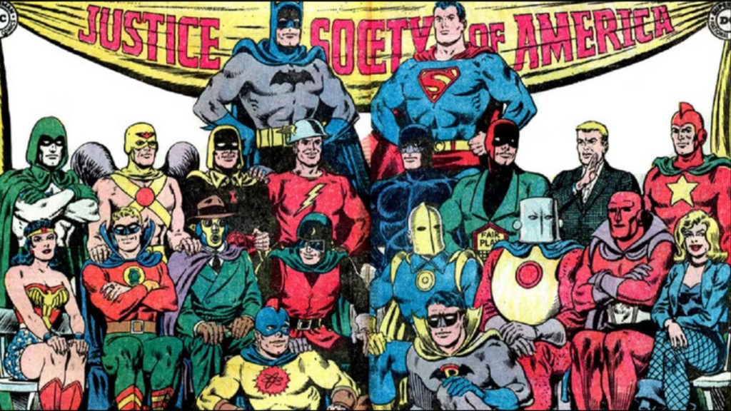 La Sociedad de la Justicia de América: Batman, Superman, Spectre, Hawkman, Hourman, Jay Garrick, Wildcat, Mister Terrific, Johnny Thunder, Starman, Wonder Woman, Alan Scott, Sandman, Atom, Doctor Mid-Nite, Dr. Fate, Robin, Tornado Rojo 1 y 2, y Canario Negro