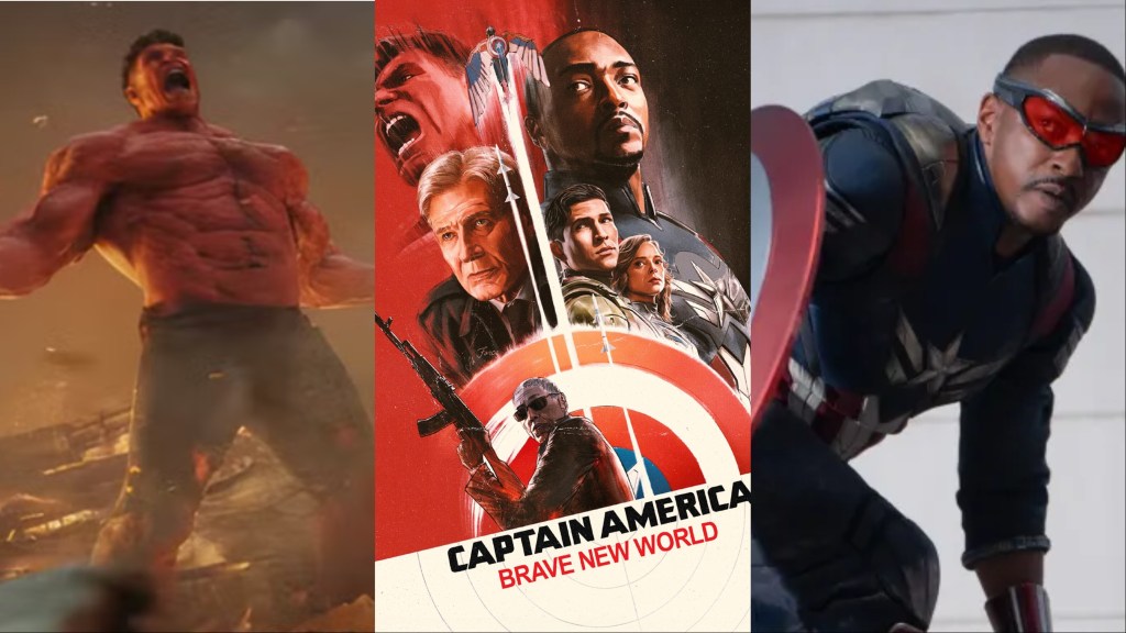 A split image of Red Hulk, a poster to Captain America; Brave New World, and Sam Wilson as Captain America