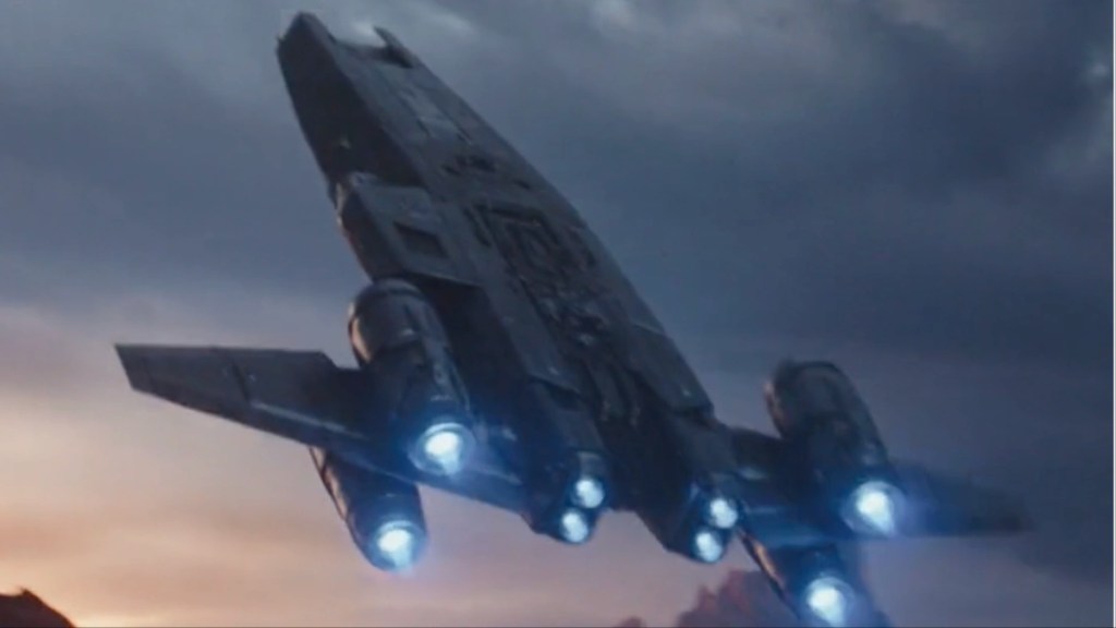 The Onyx Cinder taking off into the sky in Star Wars: Skeleton Crew