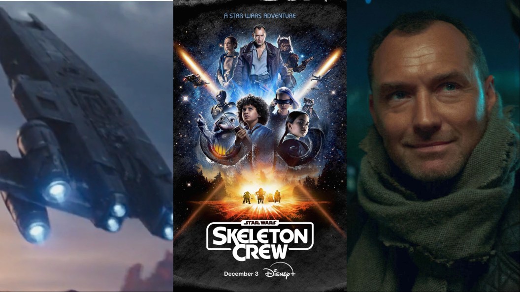 A split image of teh Onyx Cinder, the Skeleton Crew poster, and Jod Na Nawood