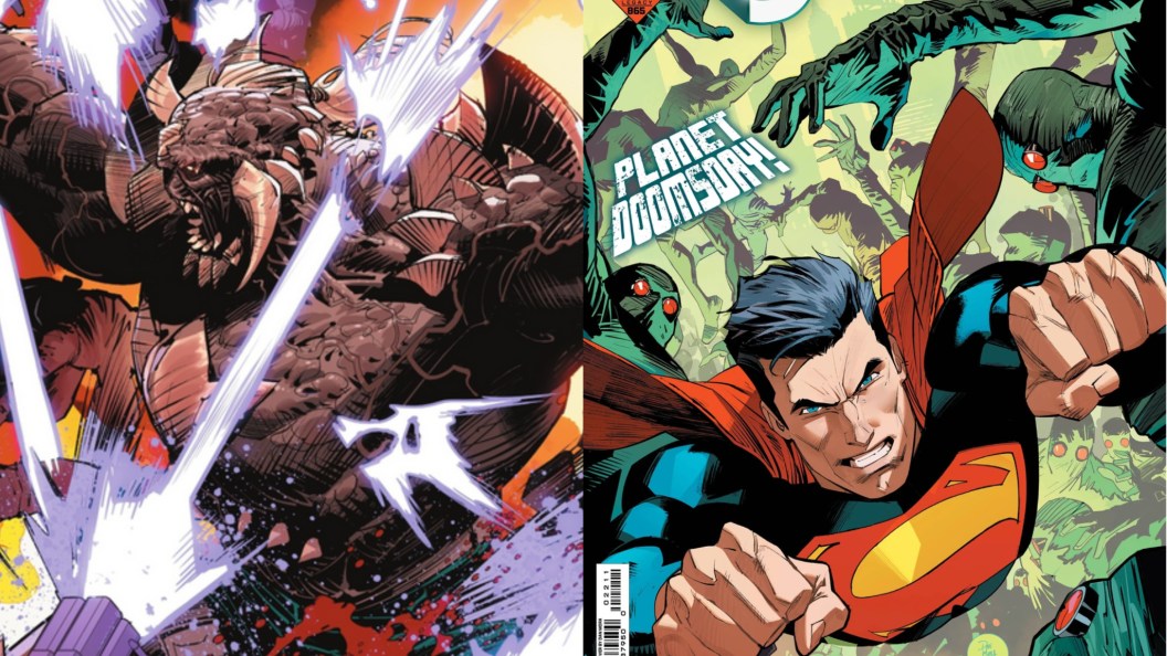 A split image of Doomsday and Superman from the cover of Superman #22