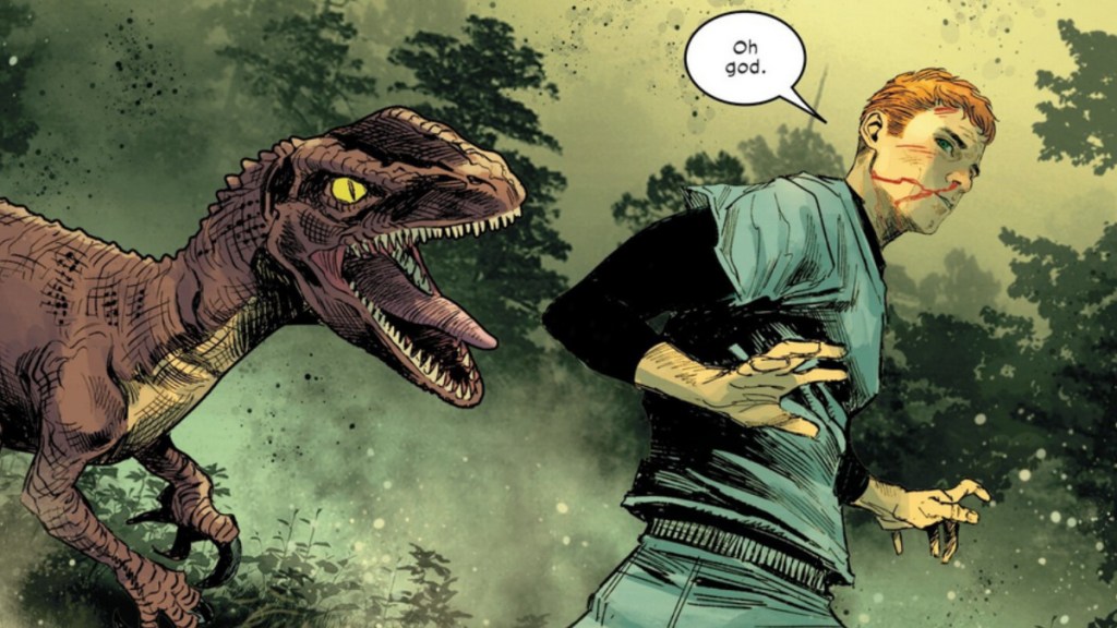 Ultimate Harry Osborn about to be attacked by a velociraptor from Ultimate Spider-Man #13