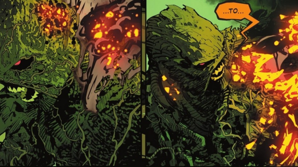 Swamp Thing about to burst into falmes in Justice League Unlimited #3