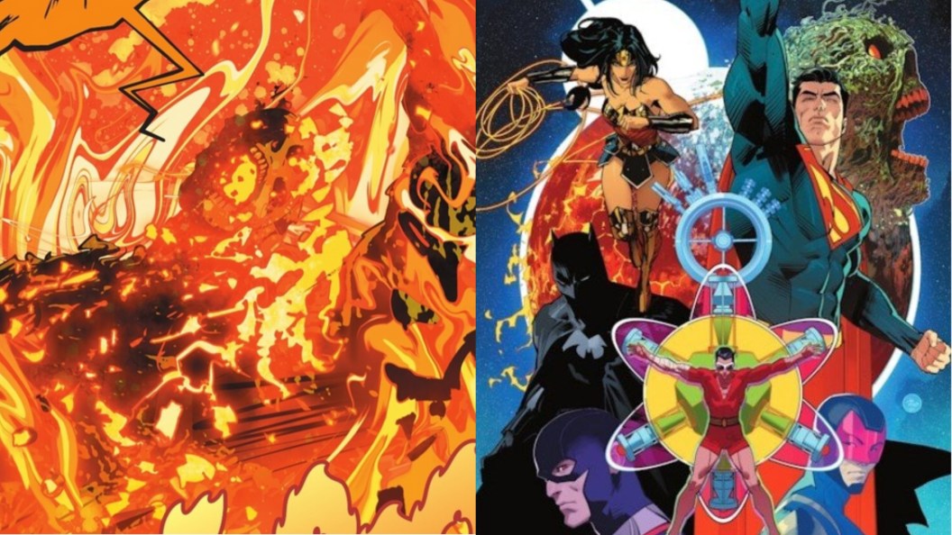 A split image of Swamp Thing on fire and the cover to Justice League UNlimited #3, featuring Superman, Wonder Woman, Plastic Man, Swamp Thing, and the Atoms