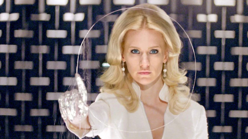 Emma Frost using her diamond form to cu through glass in X-Men: First Class