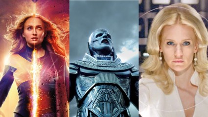 A plit image of Dark Phoenix, Apocalypse, and Emma Frost from the Fox X-Men movies