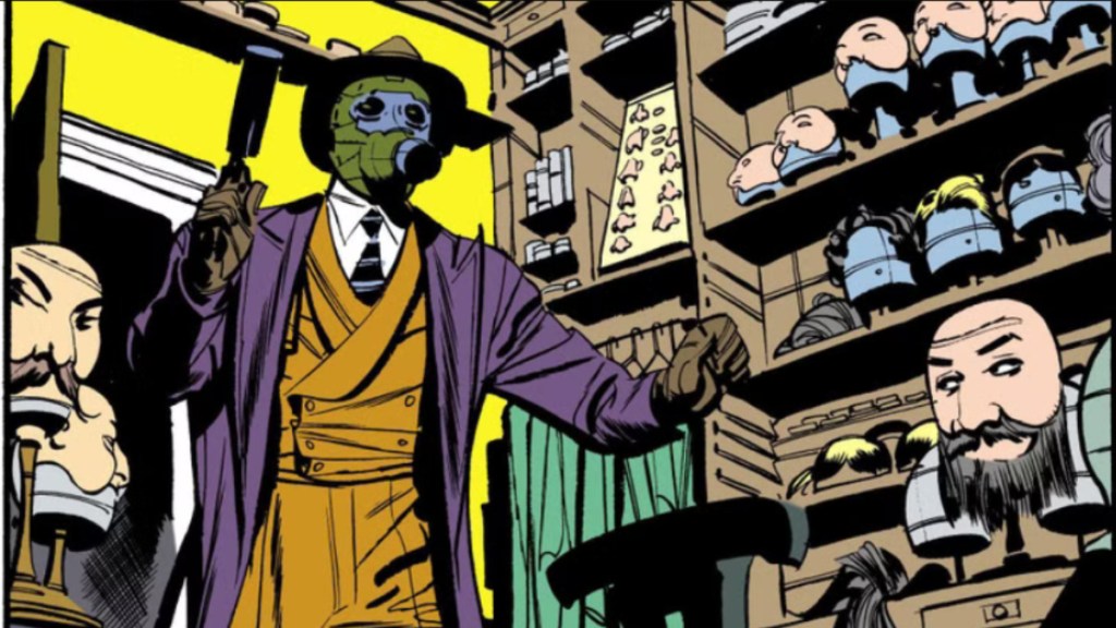 The Sandman walking into a room full of masks in Sandman Mystery Theatre