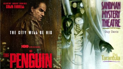 A split image of Colin Farrell as the Penguin on a poster for The Penguin and Sandman Mystery Theatre