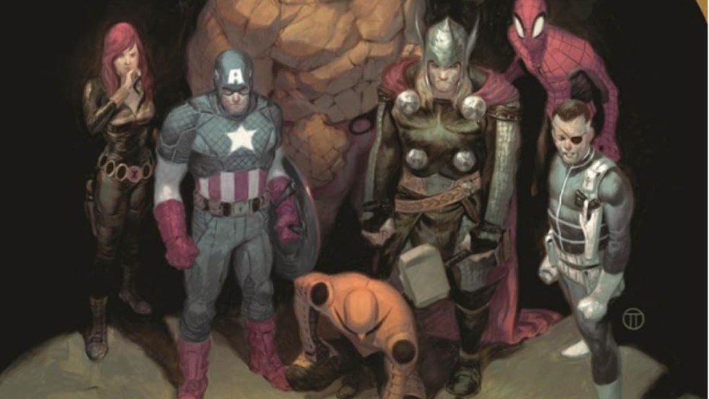 Black Widow, the Thing, Captain America, Thor, Spider-Man, Nick Fury, and Wolverine stand together on the cover of Original Sin