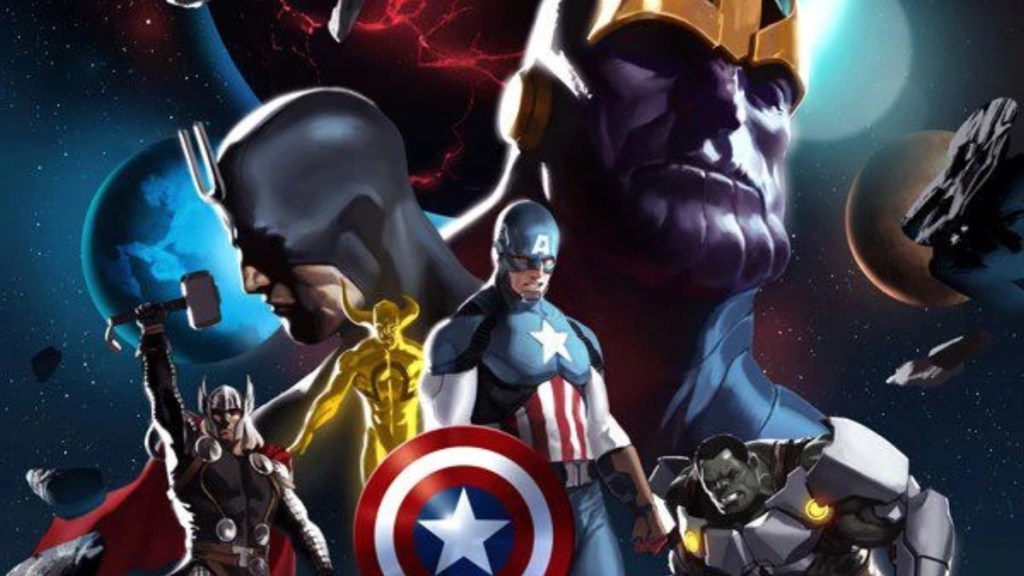 Black Bolt, Thanos, Thor, Ex Nihilo, Captain America, and the Hulk from Infinity