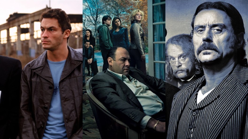 A split image of The Wire, The Sopranos, and Deadwood