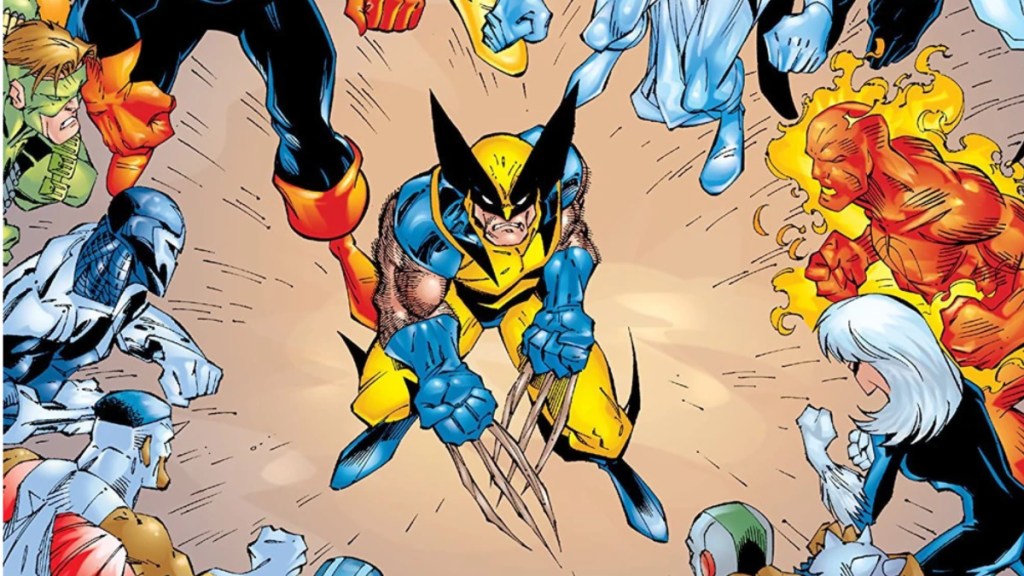 Wolverine con sus garras de huesos rodeadas de superhéroes y súper vidas